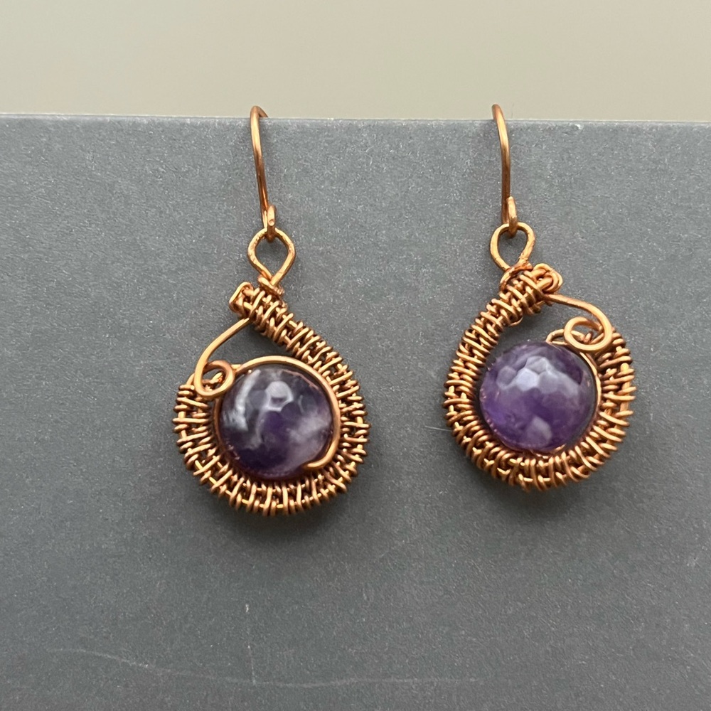 Copper Wire Wrapped Teardrop Earrings with Purple Amethyst